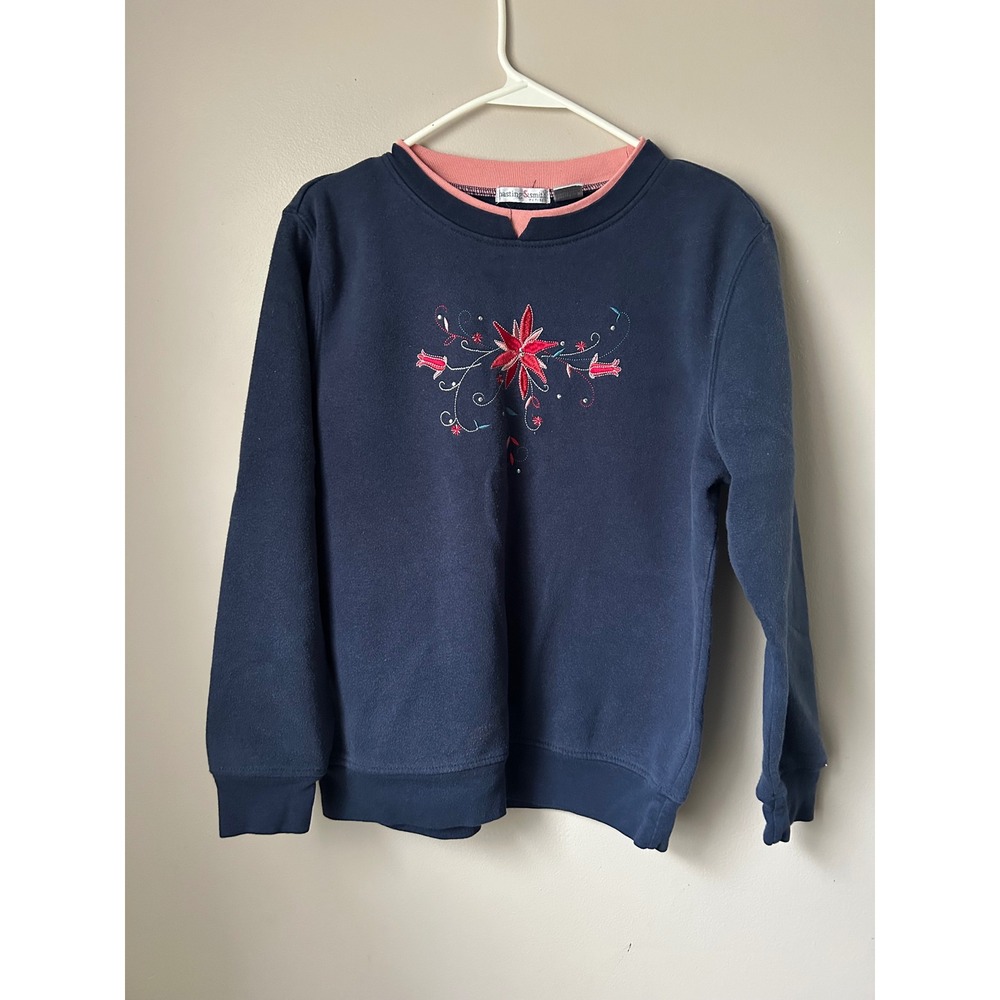 VTG Hastings & Smith Petite Navy Blue Embroidered Flower‎ Sweatshirt Holiday